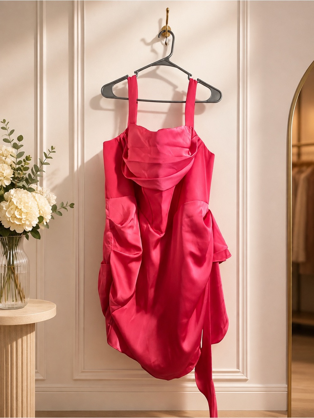 Structured Satin Mini Dress in Fuchsia